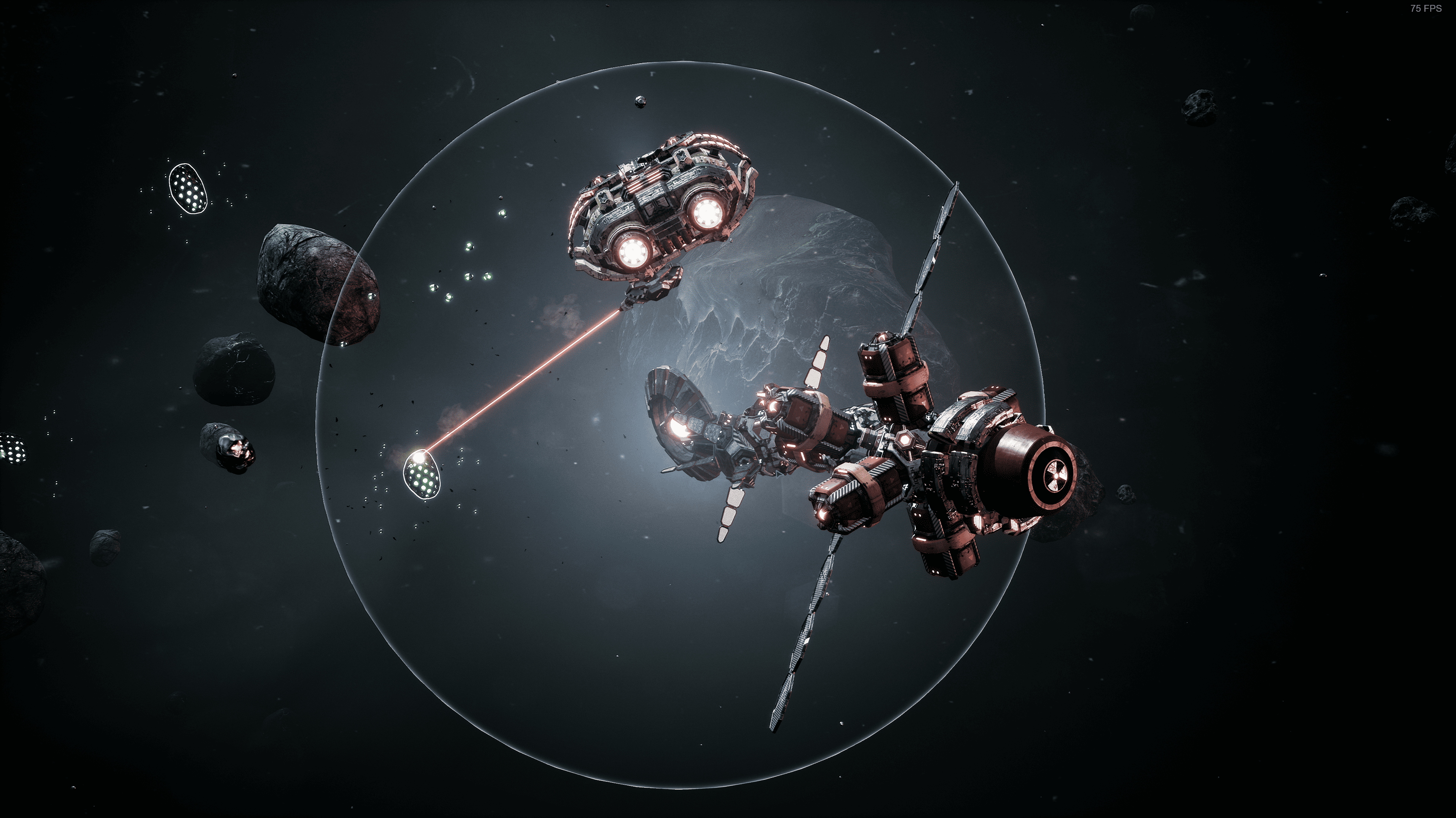 Space combat with laser weapons firing