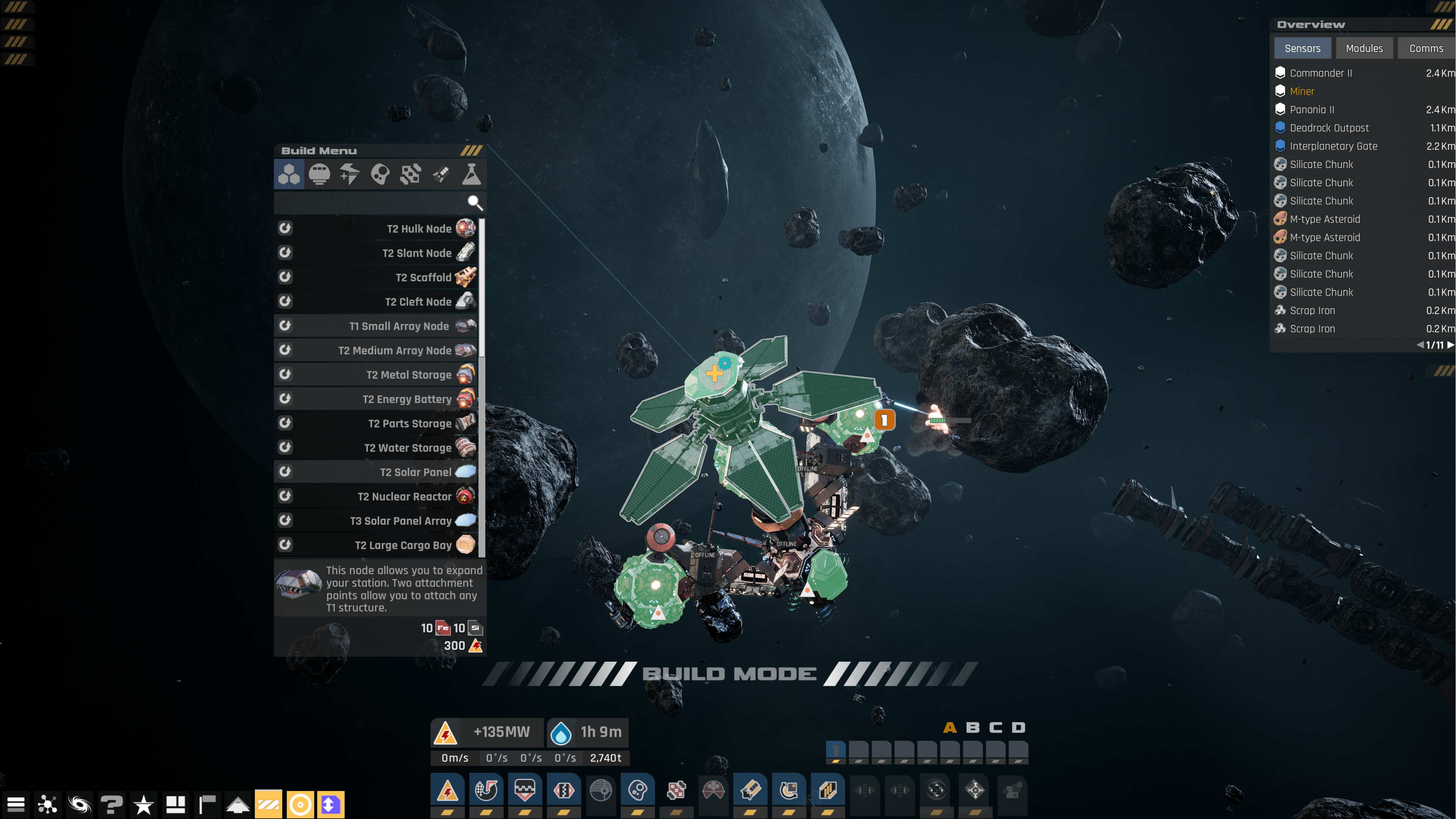 Build mode interface showing modular station construction