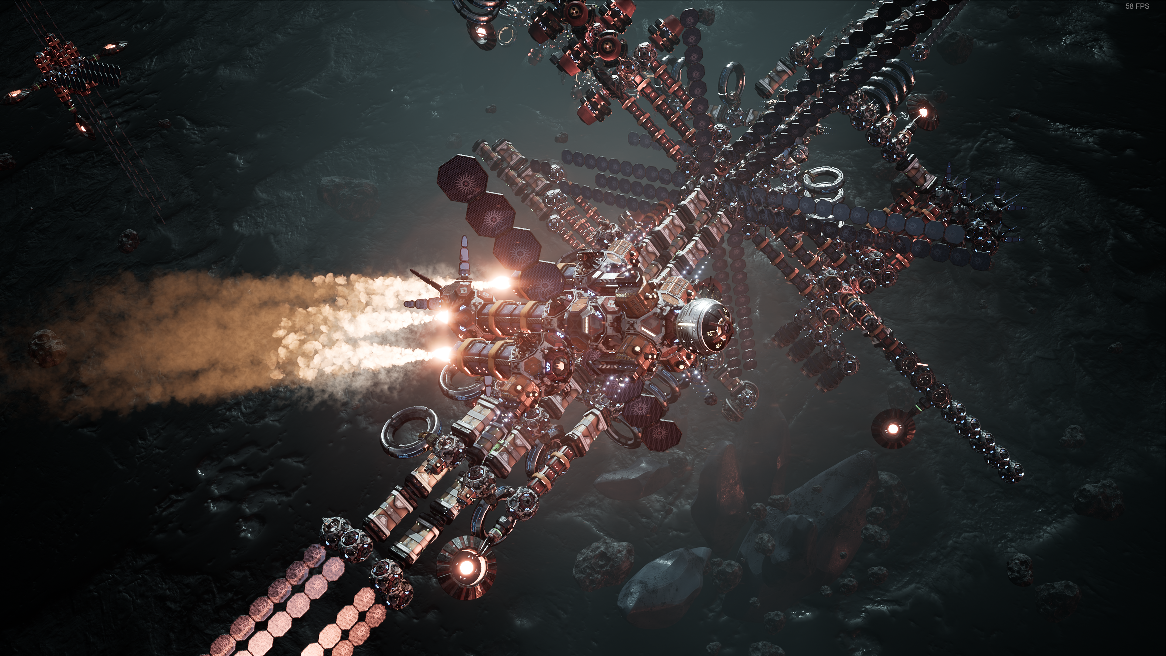 A massive mining fleet with engine trails blazing